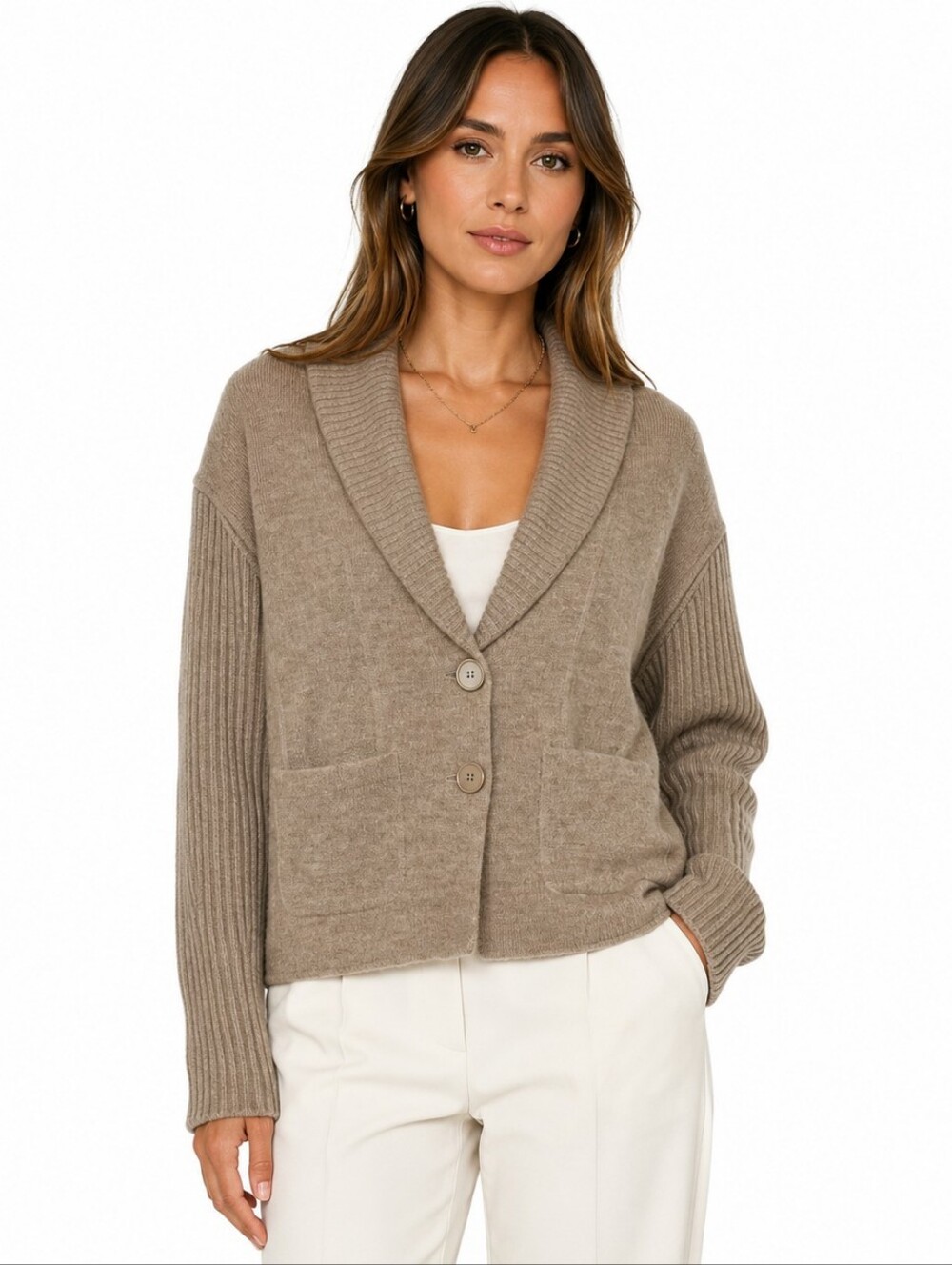 Harve Benard Wool Shawl Collar Sweater Cardigan L Ribbed Camel Tan Quiet Luxury